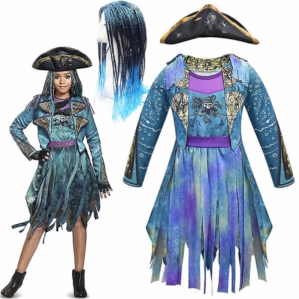 Descendants 3 Mal Bertha Maleficent Curls Live Evil Straight Blue Barn Flickor Cosplay Cap Klänning Halloween Kostym För Barn Peruk 153dress 120