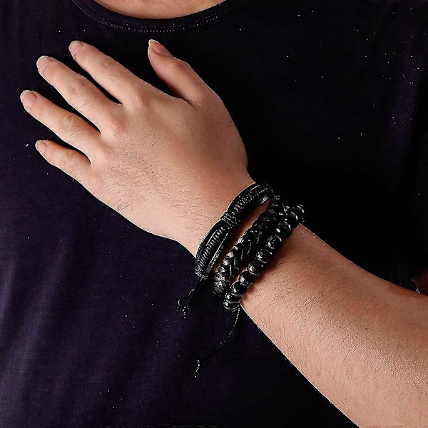 Flätat Läderarmband För Män Kvinnor Träpärlor Manschett Armband Justerbart Paket Om 6 KQE