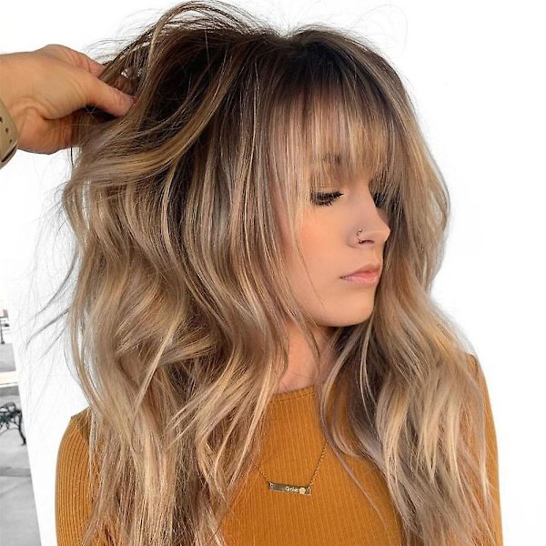 Kvinnor Gradient Lång Brun Grå Våg Lockig Peruk Med Air Bangs