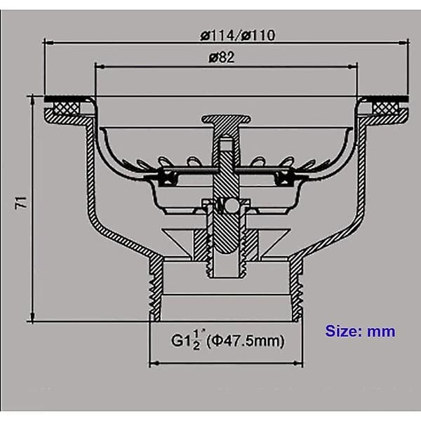 Vask afløb uden overløb, rustfrit stål kurv 110 mm 1\", rustfrit stål + ABS afløb + kurv