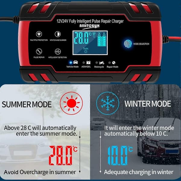 12V/24V 8Amp Bilbatterilader, Automatisk Smart Batterilader