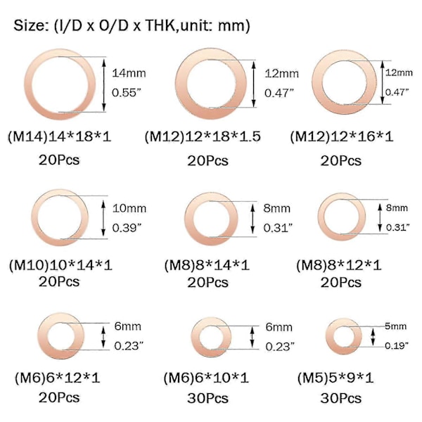 Kopparbrickor, Tätningsringar, Platta Brickor, O-ring med Låda för Tätning - 200 st/M5 M6 M8 M10 M12 M14