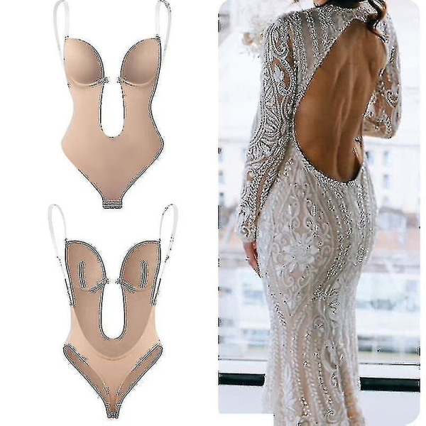 Tflycq kvinnor kastar djup V-ringad Body Shaper Axelbandslös Backless Body Shapewear U Plunge Seamless Thong Hela Bodysuits Beige S(32)