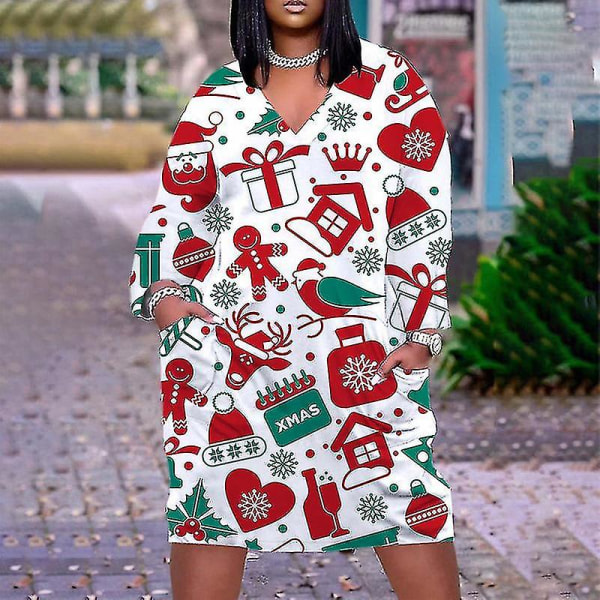 Santa Claus Print Dress Dammode kortärmad julklänning LQ41K220711J 3XL