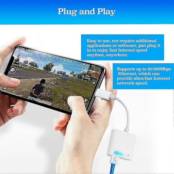 Lightning till Ethernet-adapter, kompatibel 2-i-1 Ethernet LAN-nätverksadapter med laddningsport (hs)