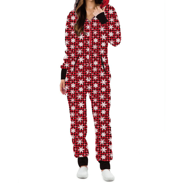 Print naisten yksiosainen pyjamat, hupullinen, mukava jouluinen pyjama taskuilla Snowflake Plaid S