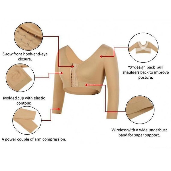 Naisten Tflycq Muotoiluvaatteet 3/4-hihainen käsivarren muotoilija edestä sulkeutuva puristusrintaliivit leikkauksen jälkeinen asennon korjaaja toppi BEIGE 3XL