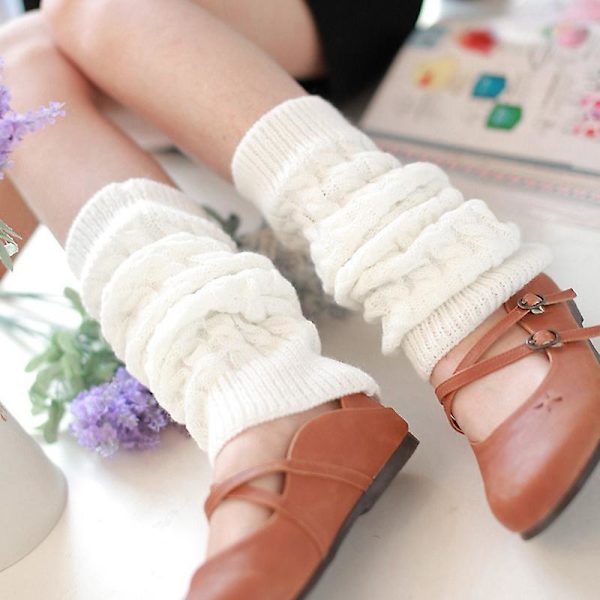 Kvinnor högt knä stickad benärm Vinter benvärmare Strumpor Slouch Boots manschetter Toppers White
