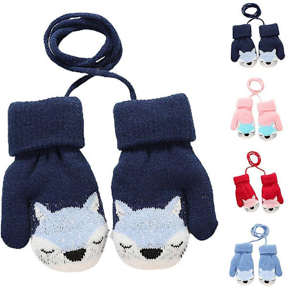 Barn Baby Cartoon Söta stickade vantar Vinter varma handskar på String Pojkar Flickor Present Navy Blue
