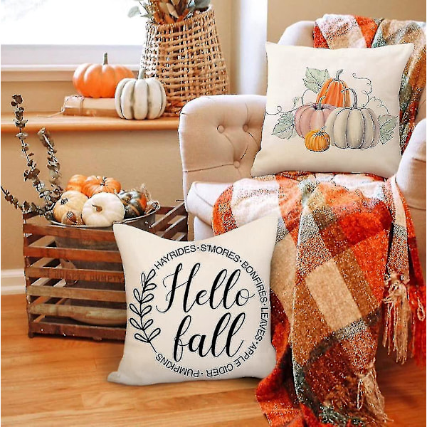 Høstdekor Putetrekk 18x18 Sett med 4 Gresskar Bondegårdsdekorasjoner Hello Fall