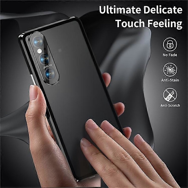 Kompatibel for Sony Xperia 1 V Magnetisk Adsorpsjon Deksel Metallramme + Herdet Glass + PC Bakside Klar Telefondeksel Black