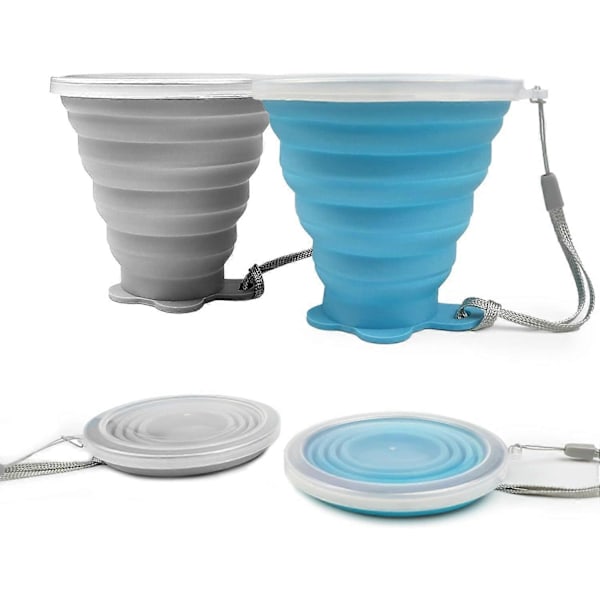 Vikbar silikonmugg 2-pack, BPA-fri, med plastförslutningslock, återanvändbar, lämplig för picknickar, camping, utomhusvandring.