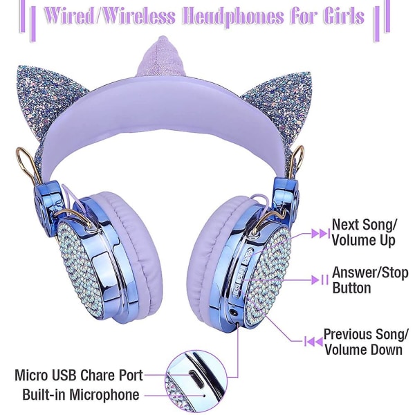 Kuulokkeet, langattomat kuulokkeet kuulokkeet Bluetooth -kuulokkeet säädettävällä sangalla, Over On Ear -kuulokkeet Purple