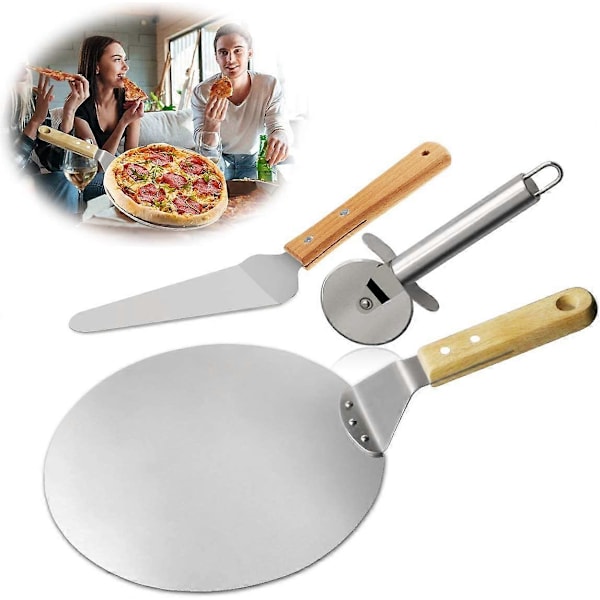 3 stk. pizzakutter, pizzaspade, kakespade i rustfritt stål med trehåndtak, ideell for pai, pizza eller kake