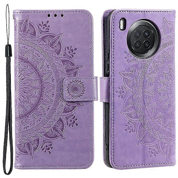 Präglad Mandala Blomma Fullständigt Skydd PU Läder + Mjuk TPU Ställ Plånboksfodral med Rem Kompatibel med Huawei nova 8i Purple