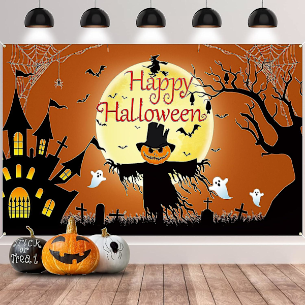 Glad Halloween-bannerdekorationer, Röd Halloween-bakgrund Festdekor Nödvändigheter Superstor banderoll, Spökfladdermus fågelskrämma och häxa-banner för Hallow Halloween Orange