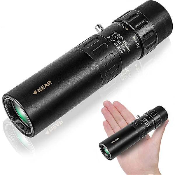Kompakt Skalerbar Monokulær Zoom 10-30x25mm Lommeformat Mini HD Monokulært Teleskop til Vandring/Camping/Koncert/Rejse (Sort)