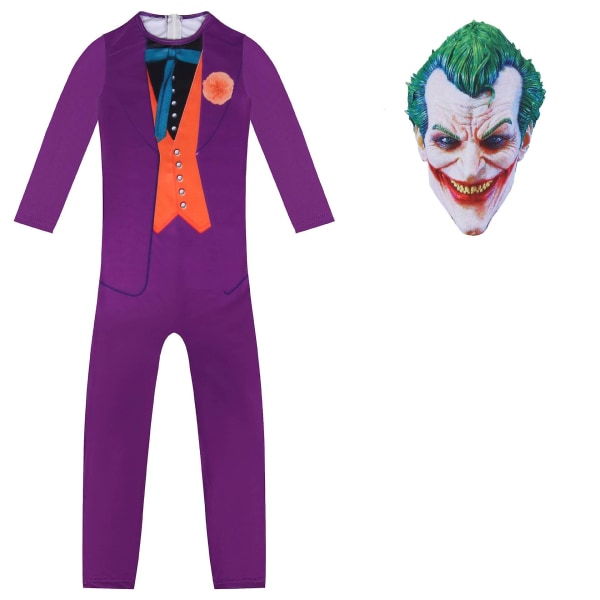 Barn Heath Ledger Cosplay Body Halloween Kostym Film The Dark Knight Joker Jumpsuit Mask Fulla uppsättningar Carnival Clown Kläder LB35-mask 120cm