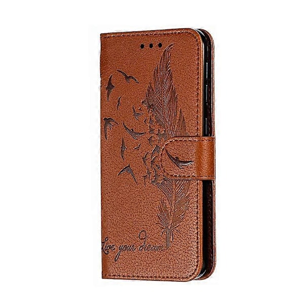 Litchi Tekstur Præget Fjer Læder Telefon Cover med Wallet Stand Kompatibel til Samsung Galaxy A20e Brown