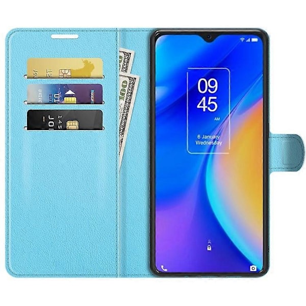 Litchi Tekstur PU Læder Etui Flip Stand Stødsikkert Telefoncover med Pung Kompatibel med TCL 20 SE Blue
