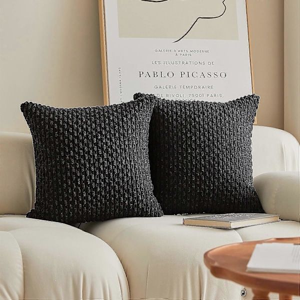 Pudebetræk Fløjlsbukser Firkantet Pude Betræk med Striber Betræk til Soveværelse Sofa Stue Sofa, Sæt med 2, 45x45 cm, Sort
