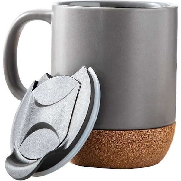 Keramisk Kaffekrus 35 cl - Kaffe Rejsekrus Te Krus med Isoleret Kork og Stænktæt Kruslåg Store Kaffekrus med Håndtag til Mænd, Kvinder (Mat