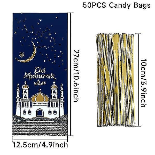 100 st Eid Mubarak Presentpåsar, Blå Guld Ramadan Tema Tryckta Eid Mubarak Kalaspåsar Med Snören