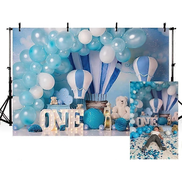 7x5ft Blå Dreng 1. Fødselsdag Fotobaggrund Varmeluftballoner Bjørn Baby Eventyr Baggrund Børnefest Dekoration Banner Nyfødt