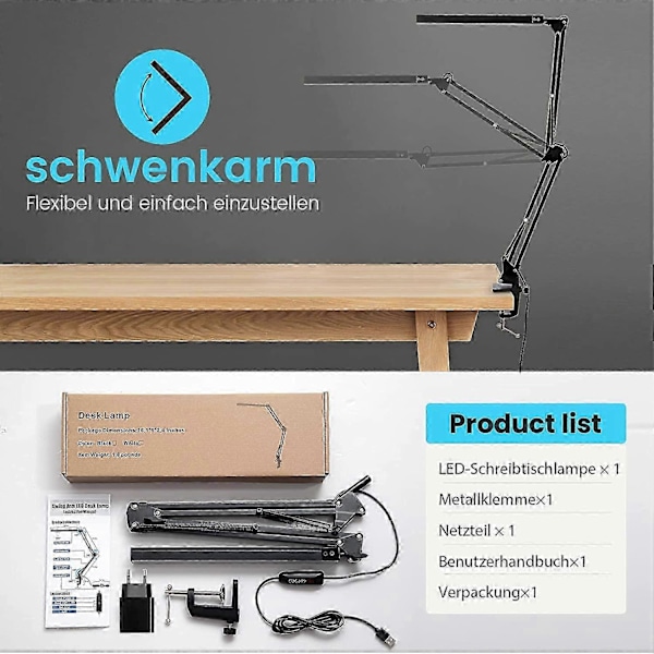 LED Skrivebordslampe, 14W Sammenleggbar Arkitektlampe med Klemme, 10 Lysstyrkenivåer X 3 Fargemoduser, Justerbar Skrivebordslampe