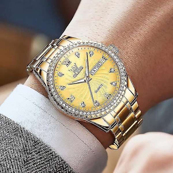 Lyxiga herrur i rostfritt stål, stora guld-analoga herrur med kvarts, mode 30m vattentäta casual armbandsklockor med dag-datum diamant manlig dröm