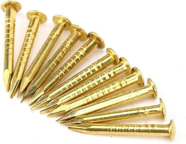 Sett med 80 spiker med rundt hode, messing, gullfarget, 15 mm
