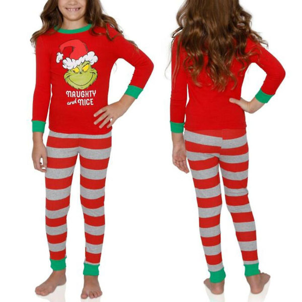 Joulun perheeseen yhteensopivat pyjamat Grinch print toppi raidalliset housut set Girl 2-3 Years