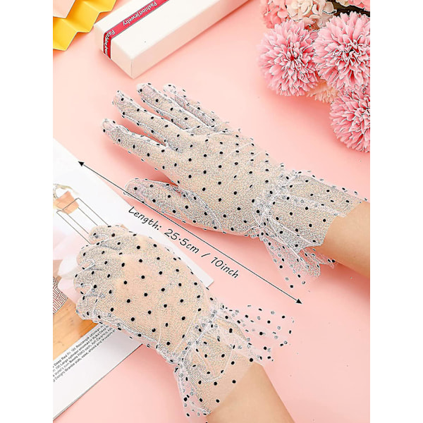 3 Par Dam Polka Dot Spetshandskar Stretchiga Korta Blomhandskar Svart Vit