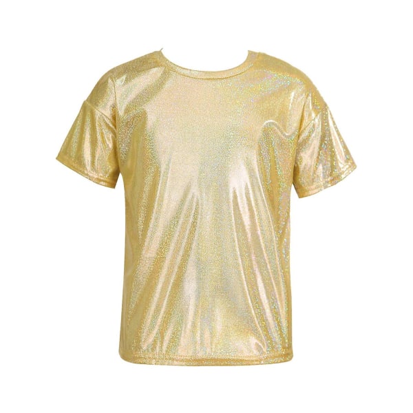 Barn Flickor Glittrande metallisk glänsande T-shirt Pojkar Kortärmad Lös T-shirt för Jazz Hip Hop Dans Kostym Scenuppträdande gold 180