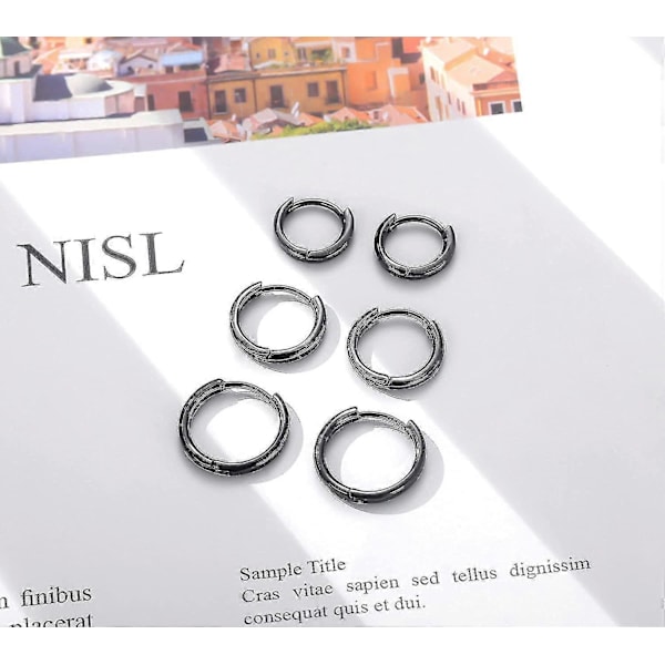 3 Par Små Brusk Hoop Øredobber For Kvinner Menn, Hypoallergenisk Sterling Sølv Post Huggie Øredobber, 8/10/12mm Svart-8/10/12mm -