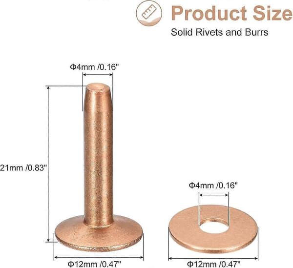 10 Set Kopparnitar och Brickor, 12x4x21mm Solid Läder Kopparnit Fästelement För Läder DIY Hantverksmaterial, Kopparton