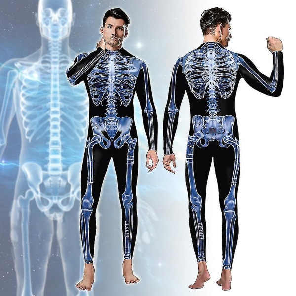 Män 3d Skelett Halloween kostymer Cosplay Jumpsuit Body S