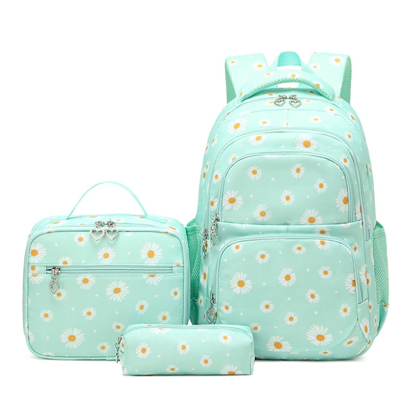 Daisy Prints set lounassarjoilla kirjakassi teini-ikäisille tytöille 3 kpl koululaukku ala-asteen oppilaan kirjakassiin Green