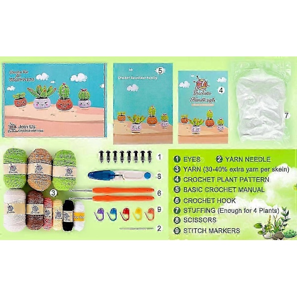Virka Kit för Nybörjare - Virkstartpaket Lär dig Virka Kit för Vuxna och Barn, DIY Stickningstillbehör, 4-pack Växter Familj