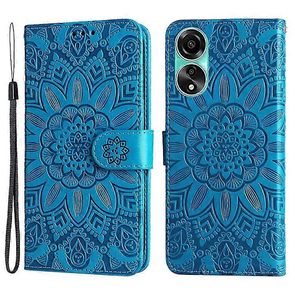 Kompatibel med Oppo A78 4G Stødsikkert Telefoncover Solsikke Præget PU Læder Wallet Stand Case Blue