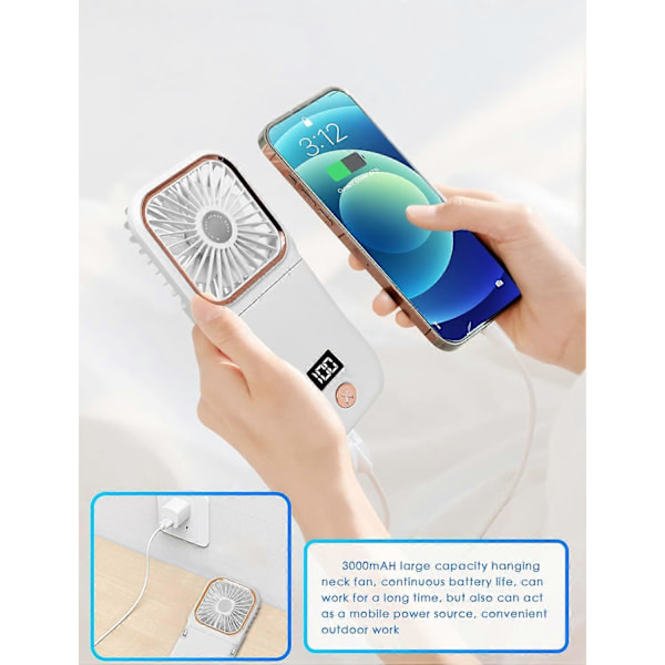 Portabel Halsfläkt Mini Tyst Handhållen Personlig Vikbar USB Uppladdningsbar Fläkt Driven 3000mAh Power Bank Hands Free Halsbandsfläktar 180  vidvinkelblås
