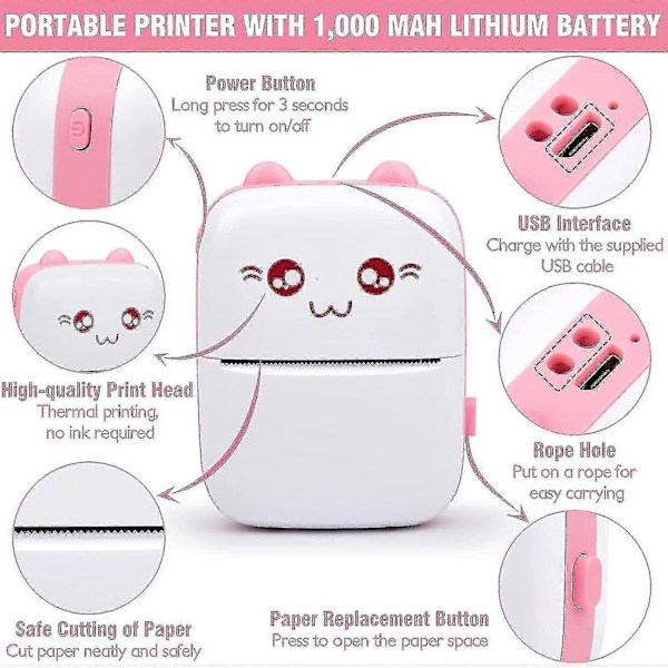 Børnefødselsdagsgave Lomme Mini Printer Bærbar Bluetooth Termisk Printer Med 9 Ruller Printerpapir Trådløs Label-ZZY