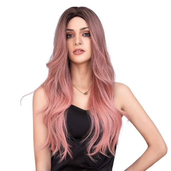 Naisten pitkä aaltoileva vaaleanpunainen peruukki Kiharat hiukset Synteettiset peruukit Cosplay Daily Party Peruukit