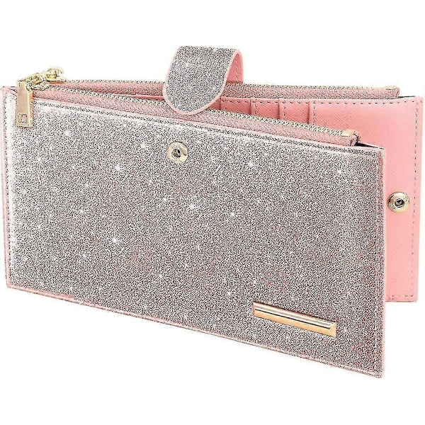 Dame Rfid-blokerende Pink Glitter Læder Multi Kort Organizer Bifold Pink Pung Med Lynlåslomme, Rosaguld