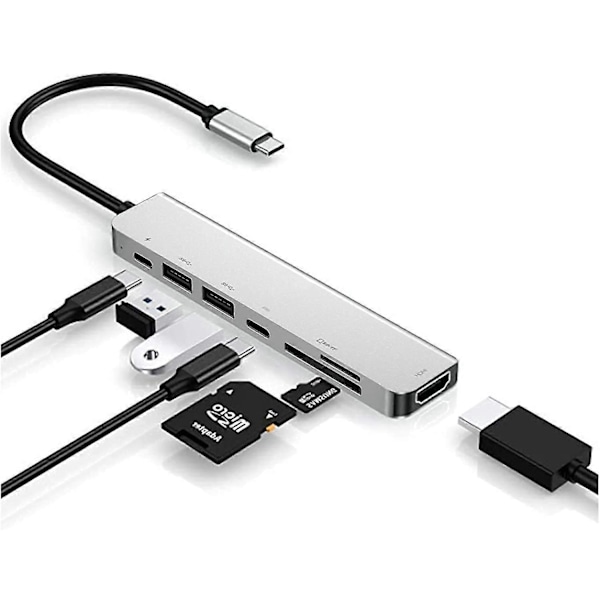 Usb C Hub-dongle, 6-i-1 Usb C til Hdmi Multiport Adapter Sd Kortleser A