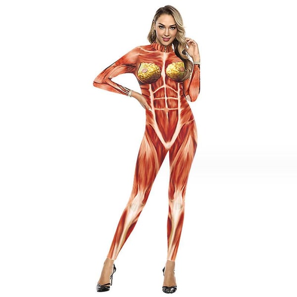 Naisten Halloween 3D Muscle Print -asu Skinny Catsuit Stretch Jumpsuit Bodysuit BODYSUIT L