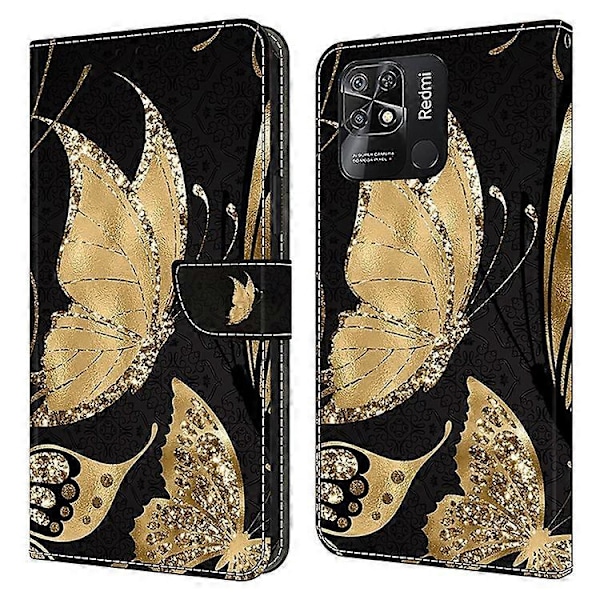 Læderetui med mønsterprint, kompatibelt med Xiaomi Redmi 10C 4G, anti-drop wallet telefonetui Gold