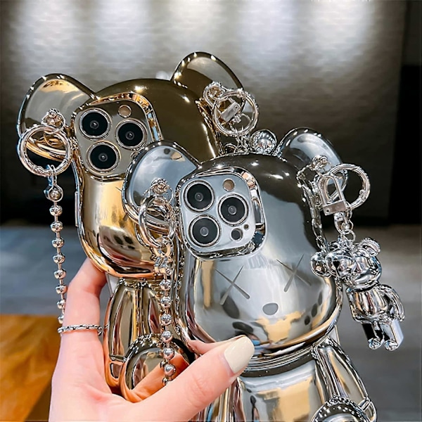 Søtt deksel til iPhone 12 Pro Max 6.7'', 3D tegneseriedeksel Gull Teddybjørn Glitter Bling-deksel med metallkjedestropp og bjelleanheng, Mote plating Soft T