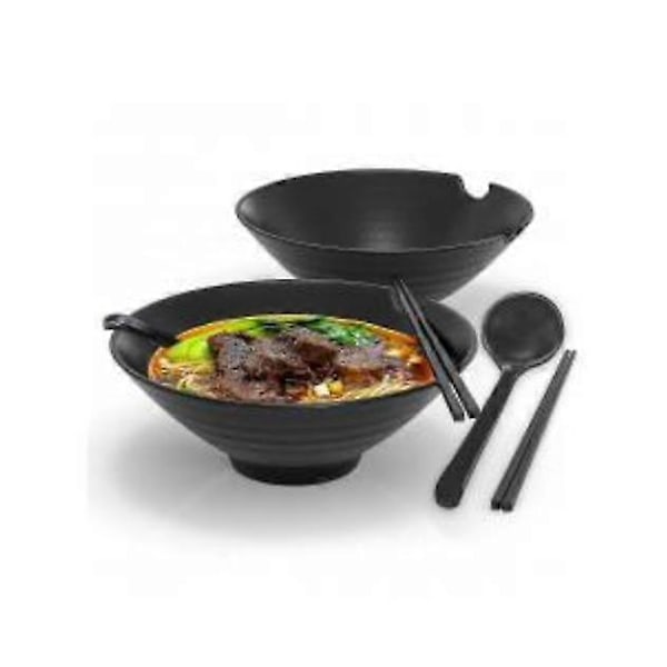 6-delt Ramen Skål Sæt Med 1000 Ml Fyldmængde - Traditionelt Japansk Keramik Sæt Med Spisepinde Og Ske I Sort