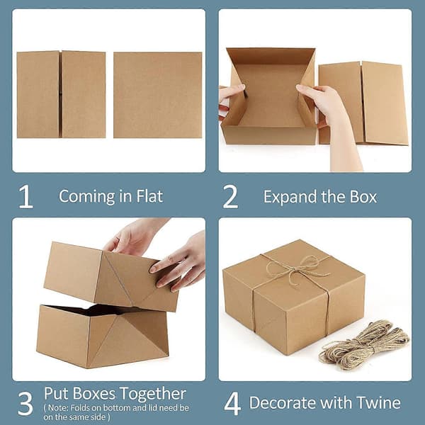 Presentaskar Premium 10-pack 20 x 20 x 10 cm Bruna Presentaskar i Papper med 20 Meter Hampasnöre för Julklappar